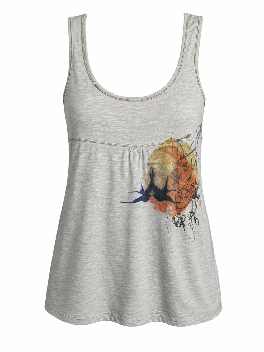 Free People Y2K Graphic Babydoll Tank Top Birds Floral Heather Gray S
